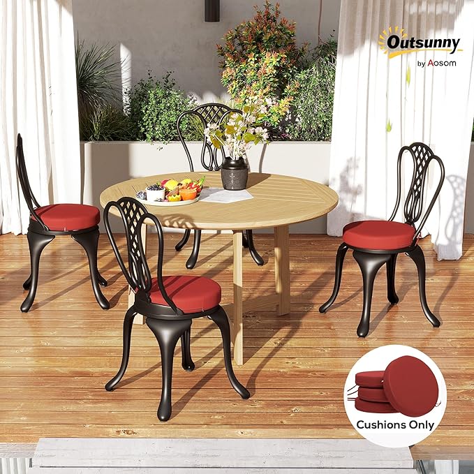 Outsunny Outdoor Bistro Chair Cushions Set of 4 with Machine Washable Cover, 15" x 15" x 3" Thick Round Seat Cushions for Patio Furniture with Ties, Chair Pads for Dining Chairs, Wine Red