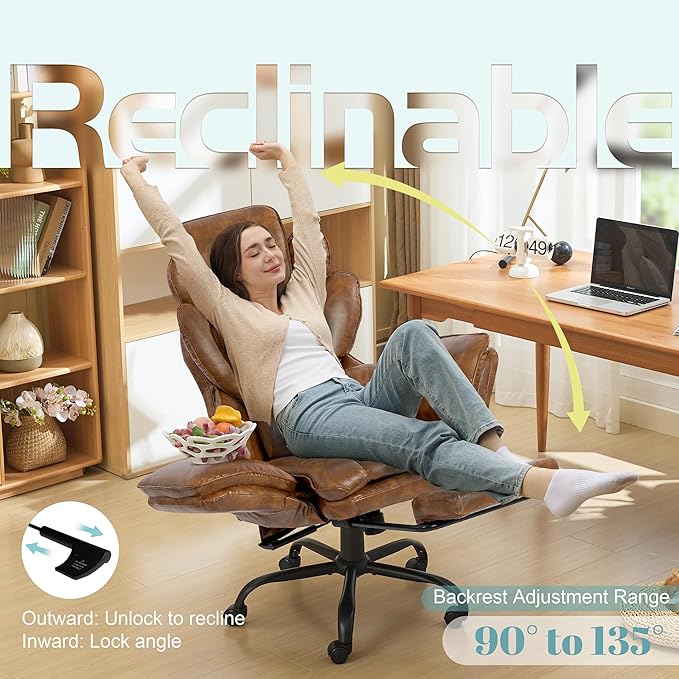 Big and Tall Office Chair, Flip Armrests Criss Cross Office Chair, Reclining Desk Chair with Foot Rest, Adjustable Headrest, Massage Waist Pillow Cross Legged Wide Seat Vanity Chair, PU Leather Brown