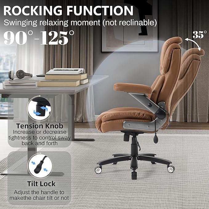 Big and Tall Office Chair 750lbs, Executive Office Chair with Adjustable Headrest&Lumbar Airbag Support, PU Leather High Back Heavy Duty Desk Chair 5D Flip Arms, Ergonomic Thick Spring Cushion, Brown