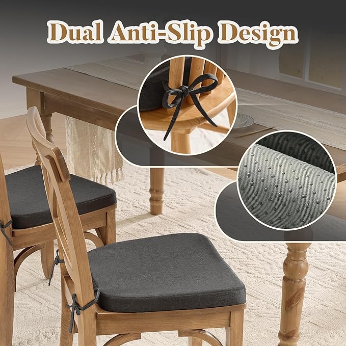 Chair Cushions for Dining Chairs Set of 4, D-Shaped Chair Pads with Non-Slip Bottom, Kitchen Seat Cushions with Removable Cover, 16 x 17 inch, Dark Grey