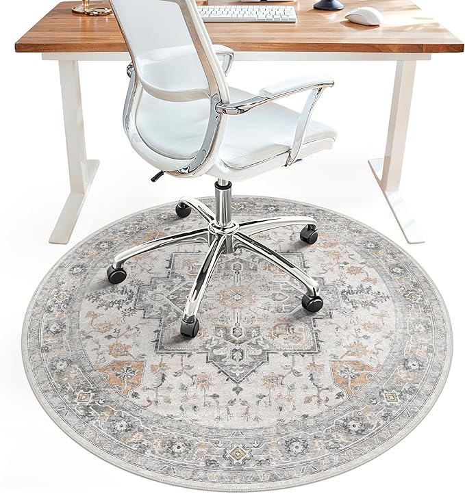 36"x36" Office Chair Mat for Hardwood Tile Floor, Under Desk Carpet Protector for Rolling Computer Chair Mat, Machine Washable Round Area Rug, Anti-Slip 1/5" Thick Low Pile Thin Floor Mat, Taupe