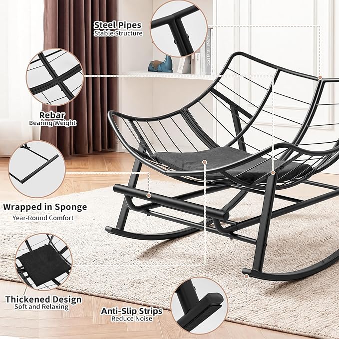 Oversized Rocking Chair Indoor with Foot Rest, Papasan Rocking Chair Outdoor, Lounge Chair with Cushion, Patio Egg Rocker Chairs, Comfy Reading Chairs for Living Room, Garden, Lawn, Khaki