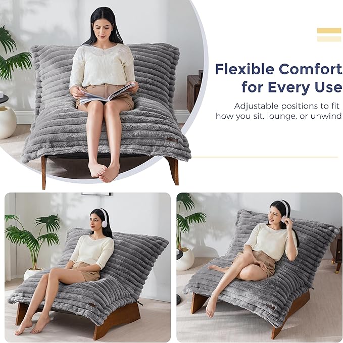 MAXYOYO Adjustable Living Room Chair, Convertible Bean Bag Chair & Recliner with Frame, Removable Cushion Floor Sofa Striped Fabric, Soft Upholstered Lounge for Bedroom, Dorm, Grey