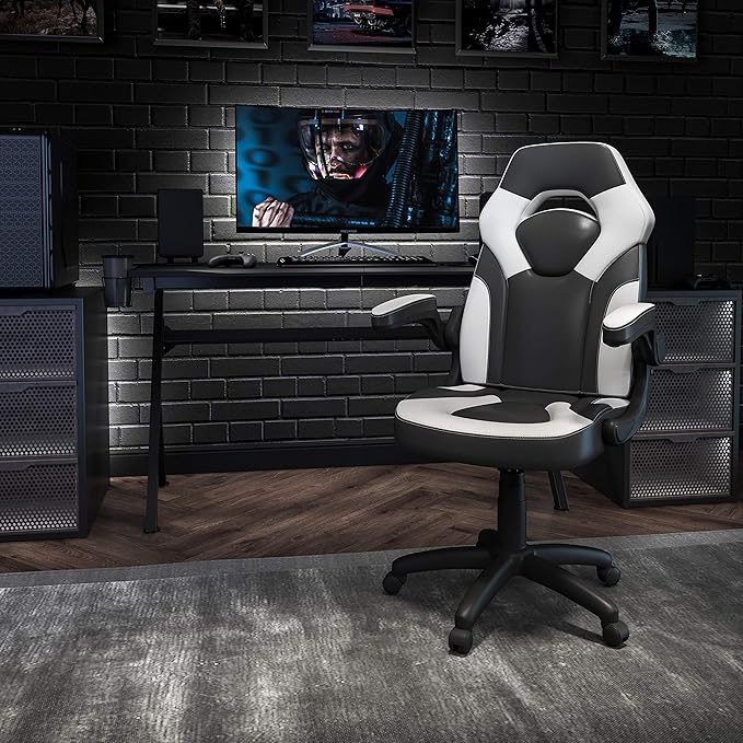 Flash Furniture X10 High-Back LeatherSoft Racing Style Gaming Chair with Flip-Up Arms, Ergonomic Padded Swivel Computer Chair, White/Black