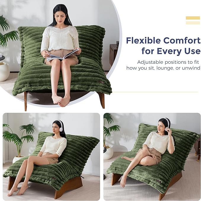 MAXYOYO Adjustable Living Room Chair, Convertible Bean Bag Chair & Recliner with Frame, Removable Cushion Floor Sofa Striped Fabric, Soft Upholstered Lounge for Bedroom, Dorm, Green