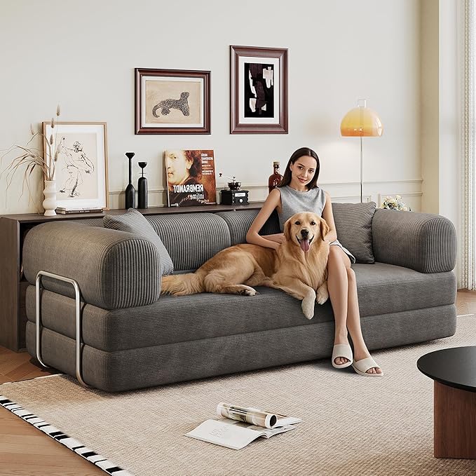JINGLING 79" Queen Sleeper Sofa Bed with Memory Foam, Compressed Couch in a Box, Foldable Convertible Small Couches for Small Spaces Bedroom Game Room, Corduroy Fabric, Grey