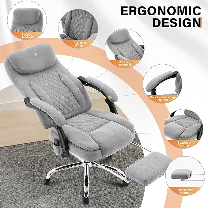 500LBS Massage Office Chair, 6 Points Vibration & Heat Executive Office Chairs, 135°Reclining Comfy Desk Chair with Foot Rest, Wider & Thicker Seat Cushion, Fabric Big and Tall Gaming Chair, Grey