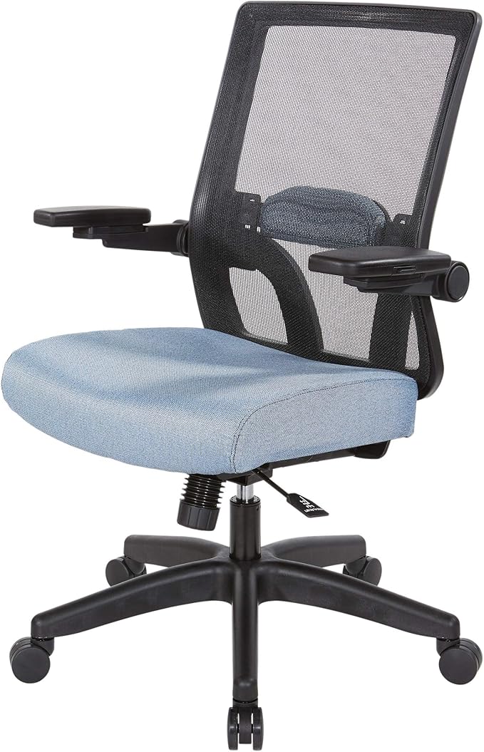 Space Seating 867 Series Adjustable Manager's Chair with Breathable Mesh Back, Lumbar Support and Padded Flip Arms, Blue Fabric Seat with Black Nylon Base