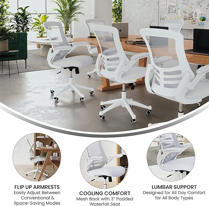 Flash Furniture Kelista Mid-Back Swivel Office Chair with Adjustable Lumbar Support and Seat Height, Ergonomic Mesh Desk Chair with Flip-Up Armrests, White