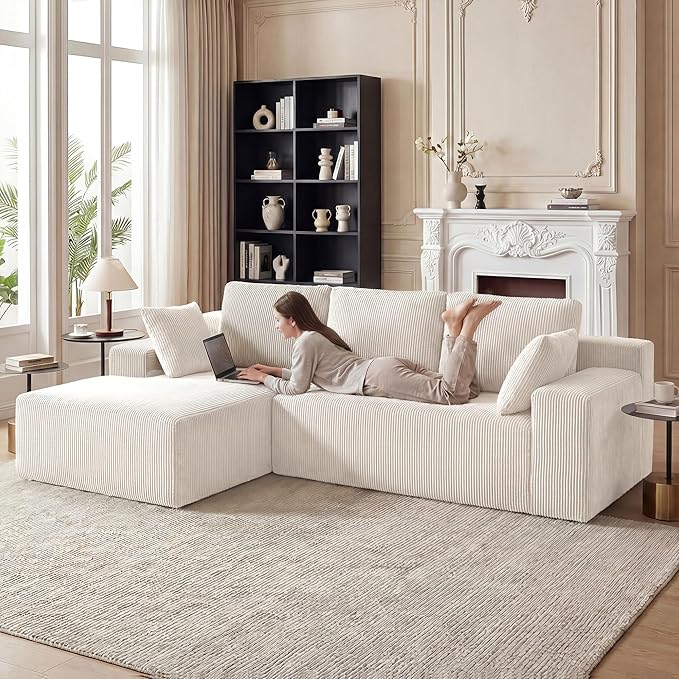 GRUSIGN Cloud Sectional Boneless Couches for Living Room, Modular L Shaped Couch with Deep Seat Oversized Left Facing Chaise, Memory Foam Compressed Spineless 3 Seater Sofa for Apartment, Beige | No Assembly Required, Deep Seat, Cat-Claw Resistant, Fle...