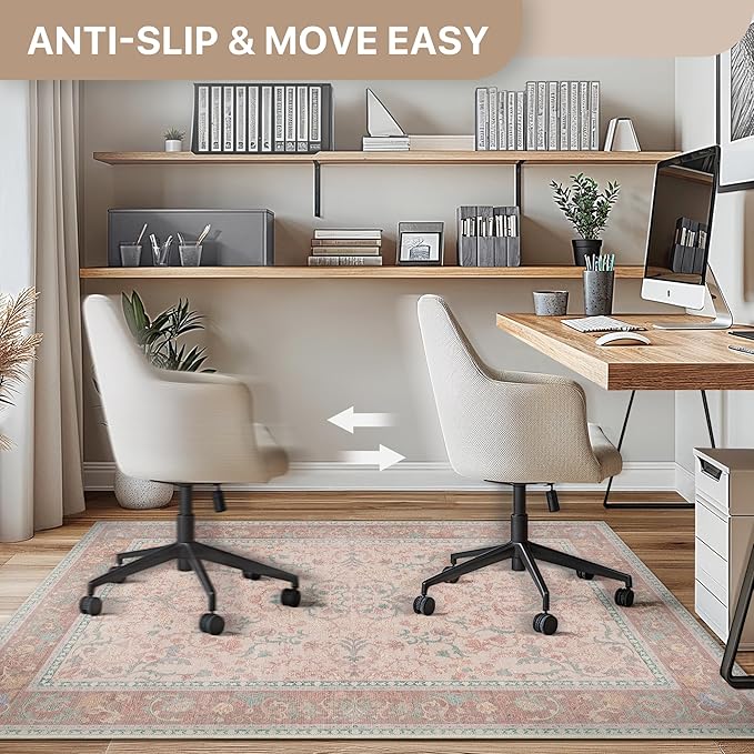 48"x60" Office Chair Mat for Hardwood Tile Floor, Under Desk Carpet Protector for Rolling Computer Chair Mat, Machine Washable Area Rug, Anti-Slip 1/5" Thick Low Pile Thin Vinyl Floor Mat, Pink
