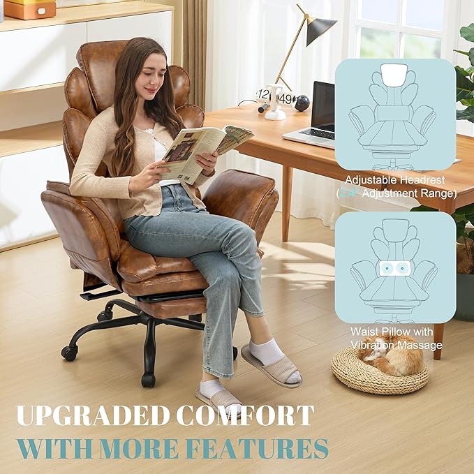 Big and Tall Office Chair, Flip Armrests Criss Cross Office Chair, Reclining Desk Chair with Foot Rest, Adjustable Headrest, Massage Waist Pillow Cross Legged Wide Seat Vanity Chair, PU Leather Brown