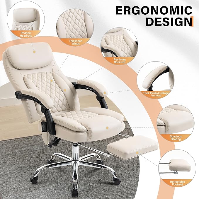 500LBS Massage Office Chair, 6 Points Vibration & Heat Executive Office Chairs, 135°Reclining Comfy Desk Chair with Foot Rest, Wider & Thicker Seat Cushion, PU Leather Big and Tall Gaming Chair, Beige