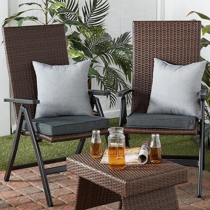 Outdoor 18 inch Square Patio Dining Chair Pads – Comfortable Fiber-Filled Seat Cushions with Ties, Reversible Polyester Fabric - Carbon, Set of 4