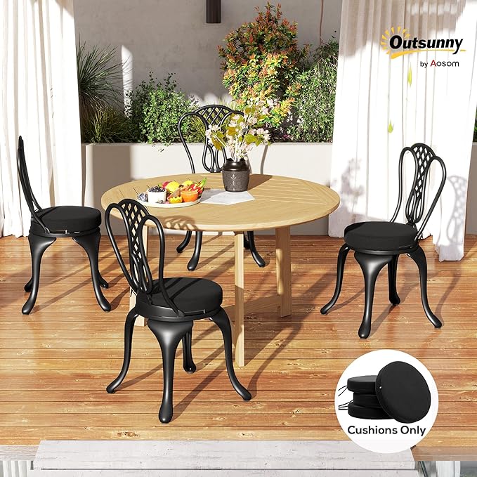 Outsunny Outdoor Bistro Chair Cushions Set of 4 with Machine Washable Cover, 15" x 15" x 3" Thick Round Seat Cushions for Patio Furniture with Ties, Chair Pads for Dining Chairs, Black