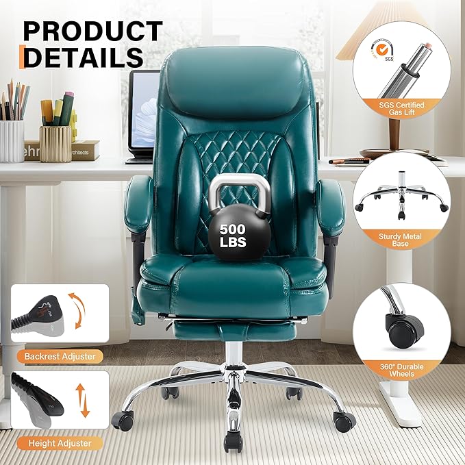 500LBS Massage Office Chair, 6 Points Vibration & Heat Executive Office Chairs, 135°Reclining Comfy Desk Chair with Foot Rest, Wider & Thicker Seat Cushion, PU Leather Big and Tall Gaming Chair, Green