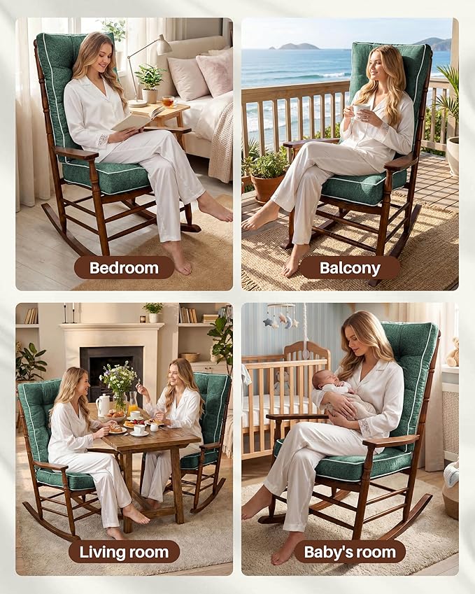 Rocking Chair Cushions Indoor, 5-inch Thicken Seat Cushion with Memory Foam Non-Slip Tufted Chair Pads Set of Seat & Back Cushion for Outdoor Rocker Living Room, Dark Green, 22x17x5/17x17x5