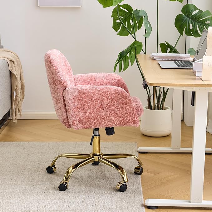 VINGLI Comfy Fuzzy Vanity Chair, Swivel Makeup Chair with Wheels, Upholstered Height Adjustable Armchair with Gold Base, Modern Ergonomic Desk Chair for Bedroom, Home Office, Pink