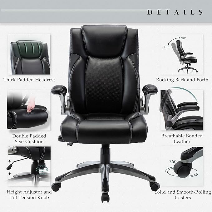 MALOL Executive Office Ergonomic Chair with Thick Bonded Leather, Flip-up Armrests, High Back Adjustable Height and Tilt for Working, Study, Gaming
