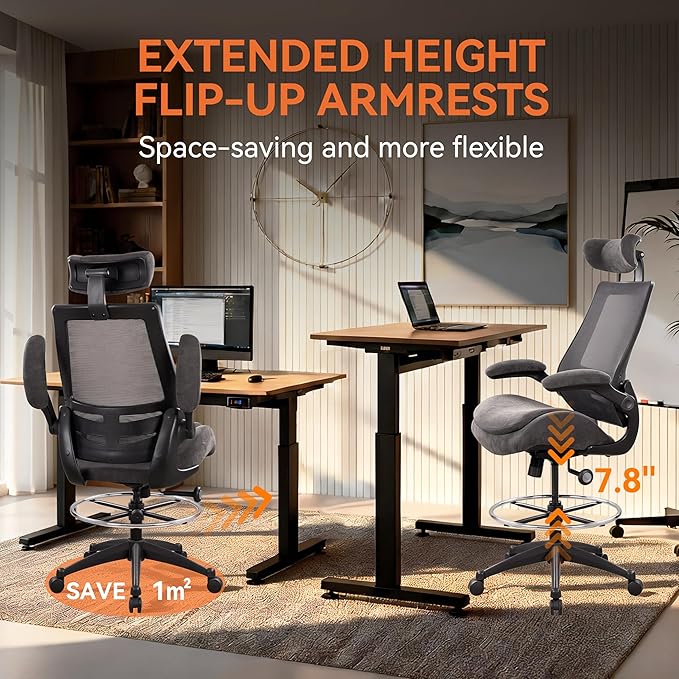 Ergonomic Drafting Chair Tall Office Chair for Standing Desk - 400lbs Mesh Computer Stool with Adjustable Footring, Dual Seat Cushion, and Space-Saving Flip-Up Arms for Counter Height Work