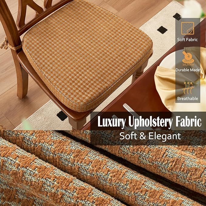 2'' Thick High-Density Foam Indoor Chair Cushions | Dining Chair Pads with Ties, Removable Washable Cover, Kitchen Chair Cushions 17"x16", Orange Plaid 6 Pack