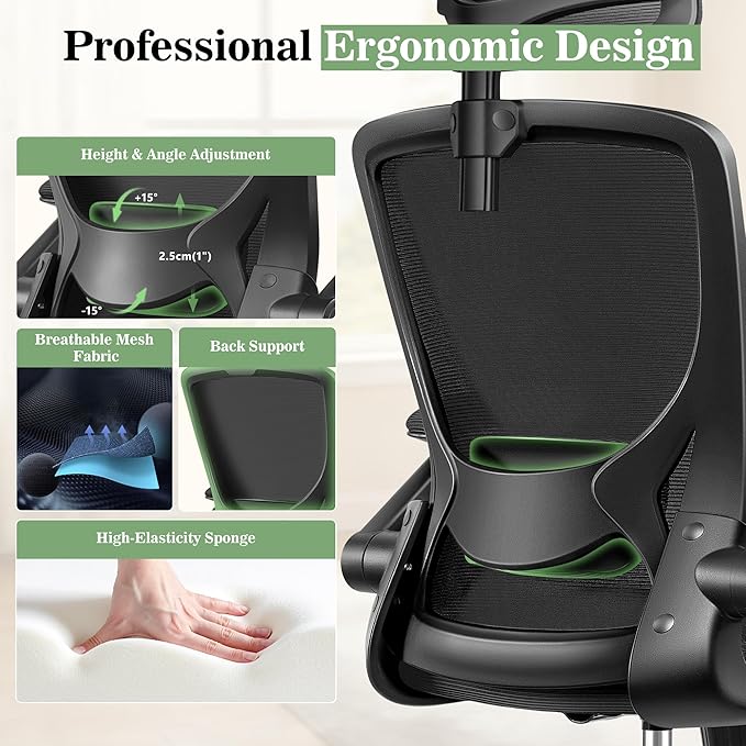 BESTFAIR Office Chair Ergonomic Desk Chair, Breathable Mesh Office Chairs with Adjustable Lumbar Support, Flip-Up Arms, Computer Desk Chair Comfy for Home Office, 6 Pack