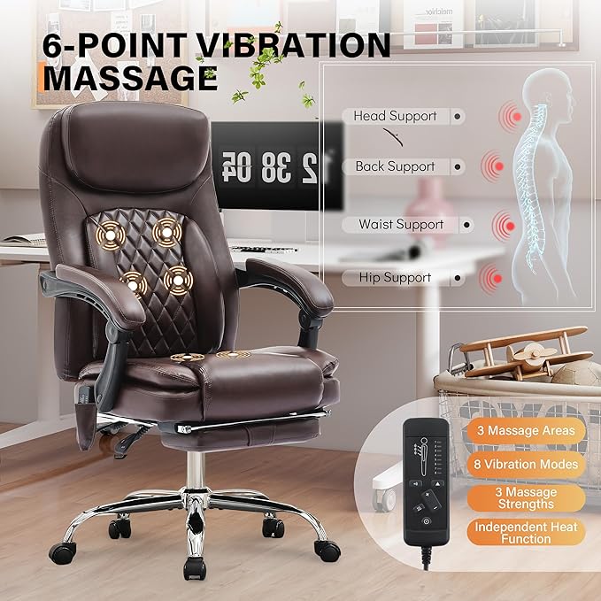 500LBS Massage Office Chair, 6 Points Vibration & Heat Executive Office Chairs, 135°Reclining Comfy Desk Chair with Foot Rest, Wider & Thicker Seat Cushion, PU Leather Big and Tall Gaming Chair, Brown