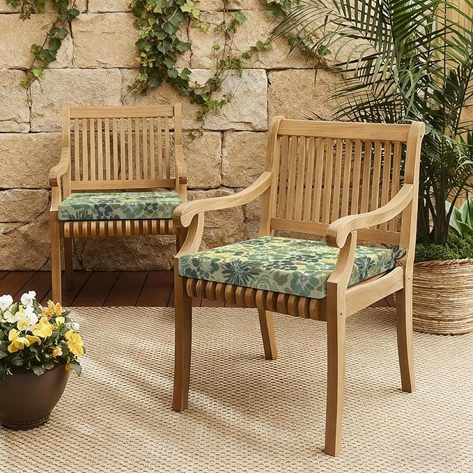 LVTXIII Outdoor Chair Cushions 19"x19"x2" Pack of 2, Water-Repellent Square Corner Memory Foam Seat Cushions with Ties for Garden Patio Furniture, Green Rose