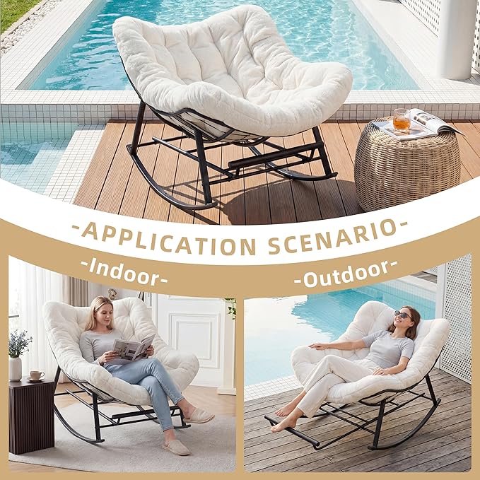 Oversized Rocking Chair Indoor with Foot Rest, Papasan Rocking Chair Outdoor, Lounge Chair with Cushion, Patio Egg Rocker Chairs, Comfy Reading Chairs for Living Room, Garden, Lawn, White