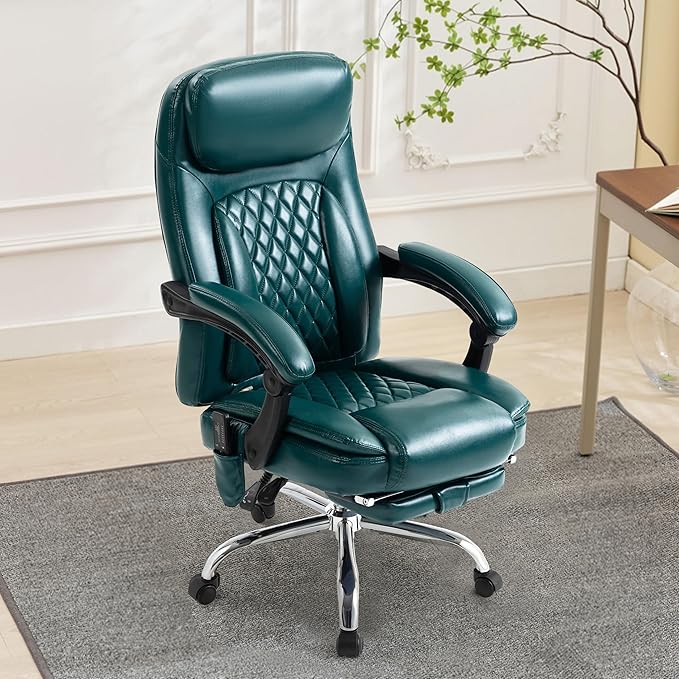 500LBS Massage Office Chair, 6 Points Vibration & Heat Executive Office Chairs, 135°Reclining Comfy Desk Chair with Foot Rest, Wider & Thicker Seat Cushion, PU Leather Big and Tall Gaming Chair, Green