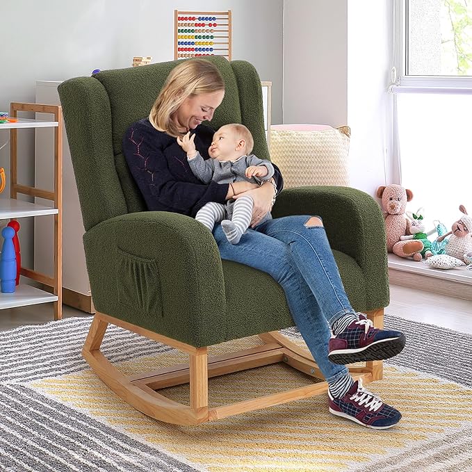 HCHAIRH Rocking Chair Nursery, Nursing Rocking Chairs for Mom Nursery, Comfy Wingback Teddy Glider Rocking Armchair with Foot Rest and Side Pocket for Nursery Living Room Bedroom, Green