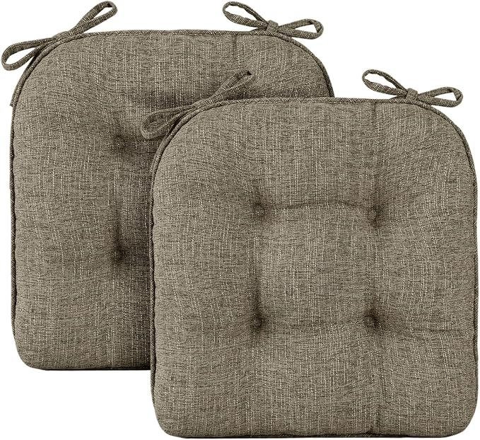 Wellsin Chair Cushions for Dining Chairs, Non-Slip Kitchen Chair Pads with Ties, Tufted Shredded Foam Kitchen Chair Cushions Set of 2, 15.5" X 15.5", Khaki