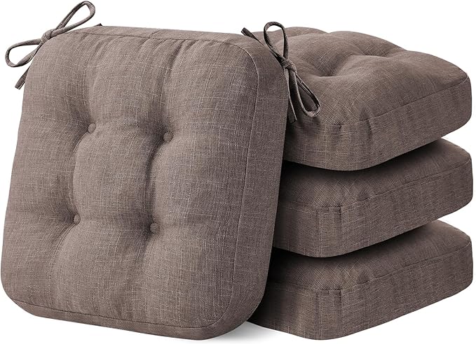 IASEAHK Chair Cushions for Dining Chairs, Dining Chair Cushions, Tufted Indoor Chair Pads with Ties & Non Slip Backing, Seat Cushions for Kitchen Chairs 16.5” x 16.5” x 3.5”, Set of 4, Light Brown