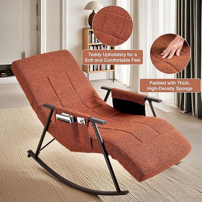 VECELO High Back Nursery Rocking Chair with Foot Rest, Teddy Upholstered Reclining Glider Rocker, Comfy Armchair Padded Seat Removable Side Pockets for Living Room, Bedroom, Balcony, Brown