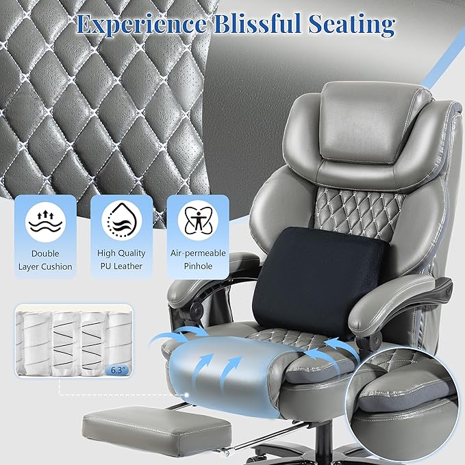 3D Kneading Massage Office Chair, Oversized 600LBS Big and Tall Executive Office Chair with Footrest, Reclining Computer Chairs, Wider Upholstered Seat Ergonomic Desk Chair for Home Office,Grey