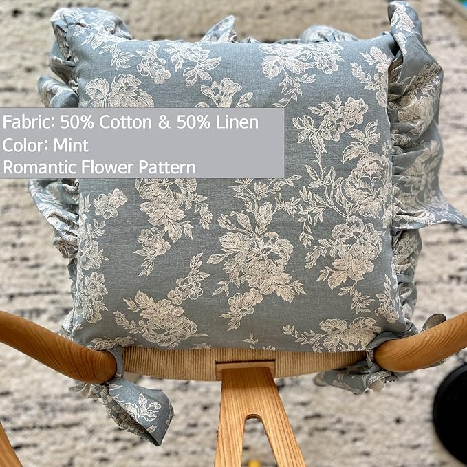 Korean Made Chair Pad Slipcover 17.5'x17.5' Chair Cushion Cover Ties with Ruffle Farmhouse Decor Covers Only, Gift for Mom(Mint Floral) Stocking Stuffer