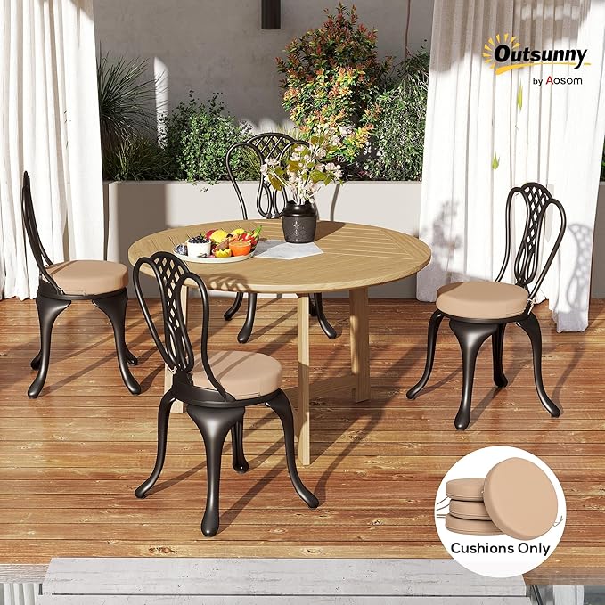 Outsunny Outdoor Bistro Chair Cushions Set of 4 with Machine Washable Cover, 15" x 15" x 3" Thick Round Seat Cushions for Patio Furniture with Ties, Chair Pads for Dining Chairs, Khaki