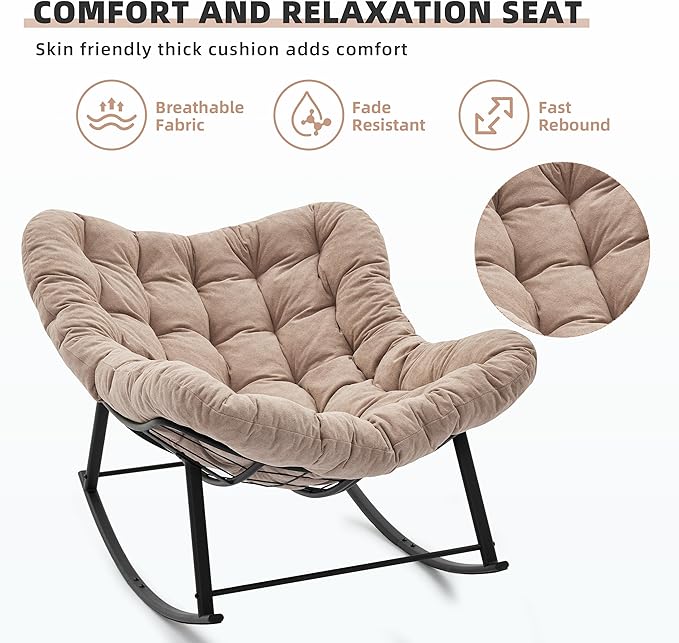 Oversized Rocking Chair Indoor, Papasan Rocking Chair Outdoor, Lounge Chair with Cushion, Patio Egg Rocker Chairs, Comfy Reading Chairs for Bedroom, Living Room, Garden, Lawn, Khaki