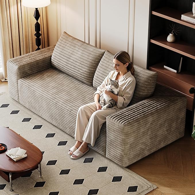 JINGLING 71" Small Couches for Small Spaces | Boneless Couch in a Box: Compressed Sofa | Apartment Furniture Love Seat for Living Room & Bedroom | No Assembly | Corduroy | Camel