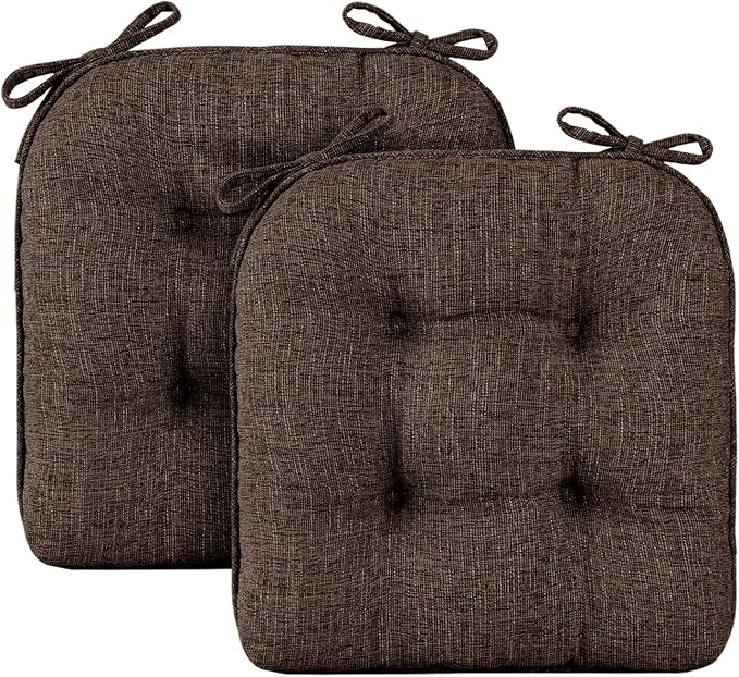 Wellsin Chair Cushions for Dining Chairs, Non-Slip Kitchen Chair Pads with Ties, Tufted Shredded Foam Kitchen Chair Cushions Set of 2, 15.5" X 15.5", Brown