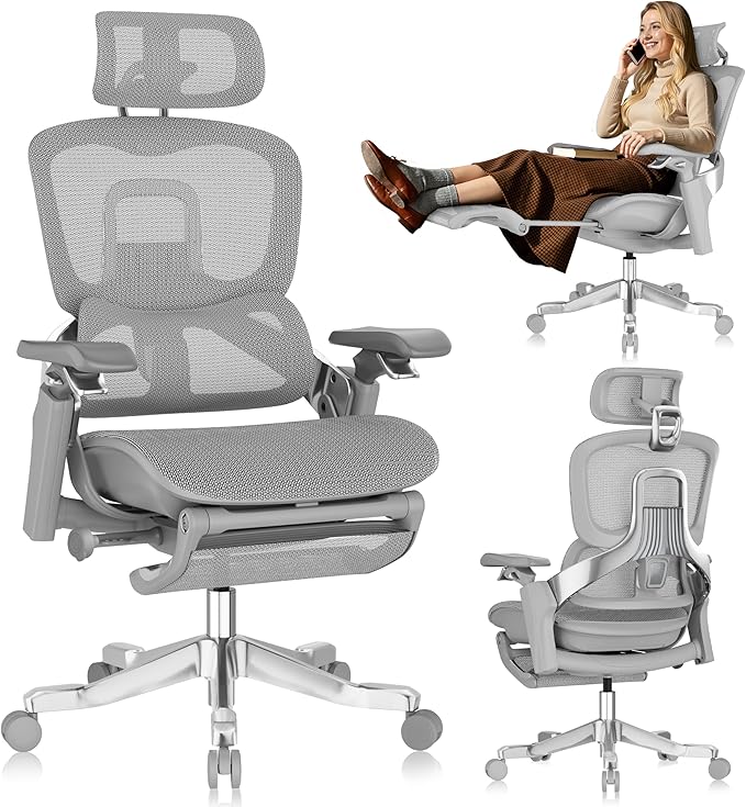 GABRYLLY Ergonomic Office Chair, Home Mesh Desk Chair with Sync Lumbar Support & Sliding Seat, 4D Arm, 150° Recline, Adjustable Back,Big & Tall Computer Chair-Footrest,Aluminum Base, Gray,FLOW550