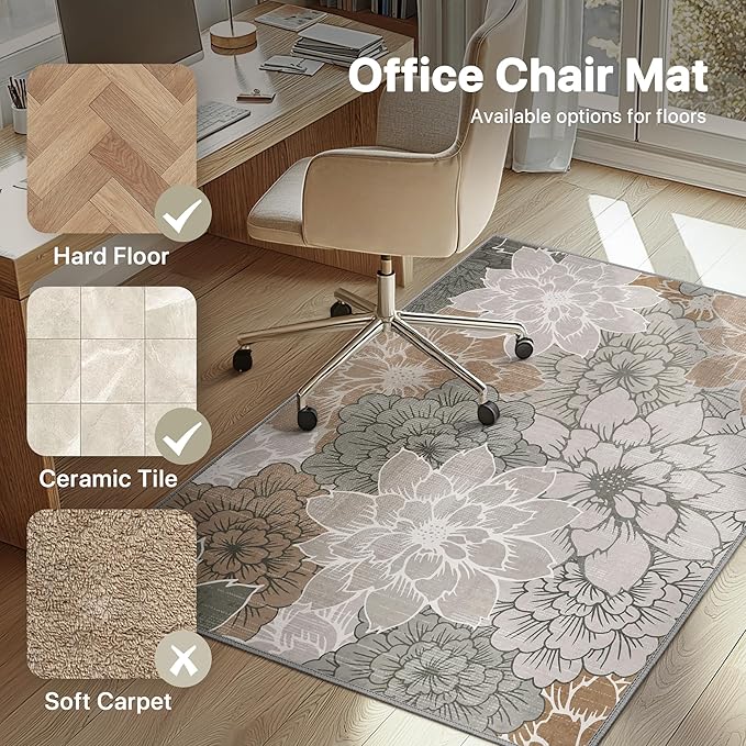 36"x48" Office Chair Mat for Hardwood Tile Floor, Under Desk Carpet Protector for Rolling Computer Chair Mat, Machine Washable Area Rug, Anti-Slip 1/5" Thick Low Pile Thin Vinyl Floor Mat, Taupe Grey