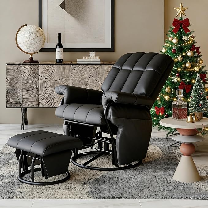 AODAILIHB 360° Swivel Glider Recliner with Ottoman, Nursing Glider Rocking Chair with Foot Rest & 2 Side Pockets for Nursery, Living Room, Bedroom, Office, Black
