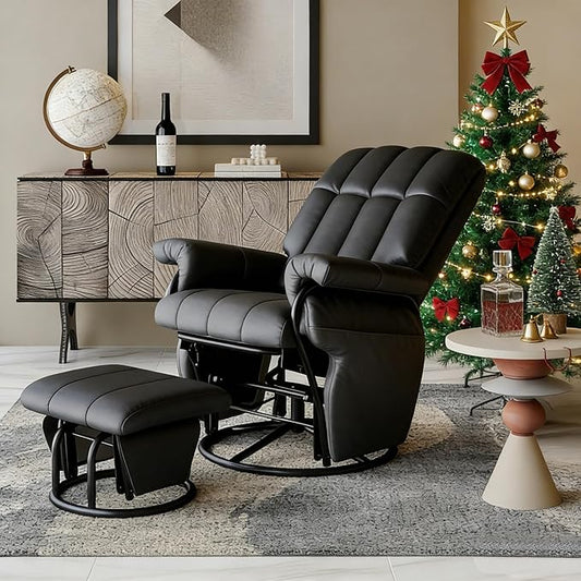 AODAILIHB 360° Swivel Glider Recliner with Ottoman, Nursing Glider Rocking Chair with Foot Rest & 2 Side Pockets for Nursery, Living Room, Bedroom, Office, Black