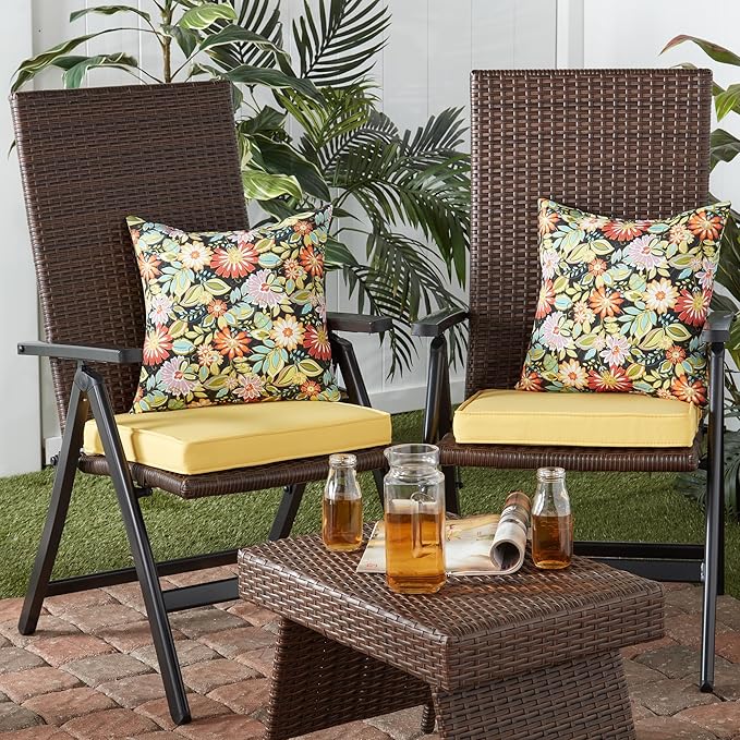 Outdoor 18 inch Square Patio Dining Chair Pads – Comfortable Fiber-Filled Seat Cushions with Ties, Reversible Polyester Fabric - Sunbeam, Set of 4
