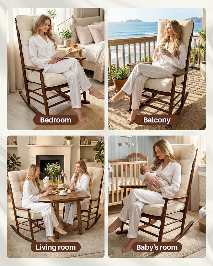 Rocking Chair Cushions Indoor, 5-inch Thicken Seat Cushion with Memory Foam Non-Slip Tufted Chair Pads Set of Seat & Back Cushion for Outdoor Rocker Living Room, Beige, 28x18x5/18x18x5