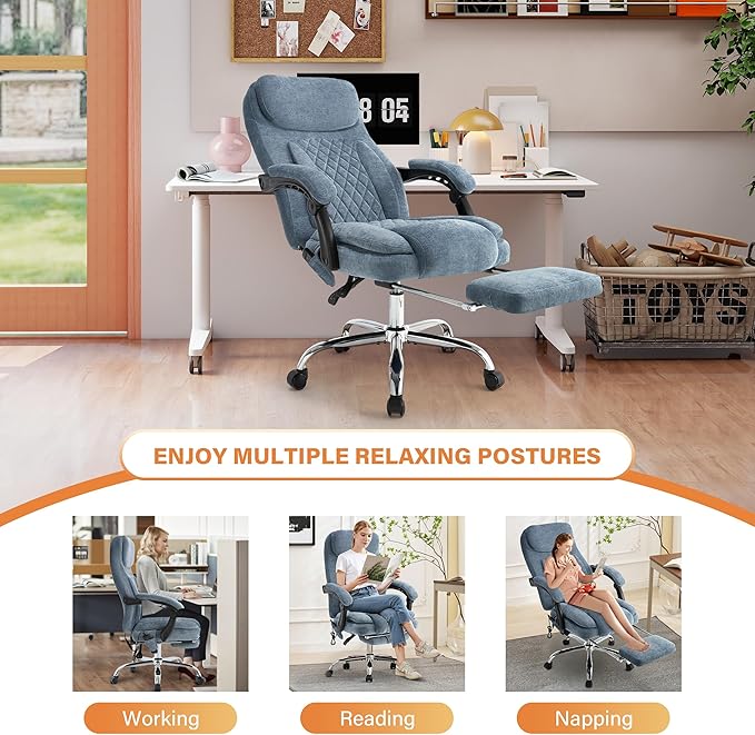 500LBS Massage Office Chair, 6 Points Vibration & Heat Executive Office Chairs, 135°Reclining Comfy Desk Chair with Foot Rest, Wider & Thicker Seat Cushion, Fabric Big and Tall Gaming Chair, Blue