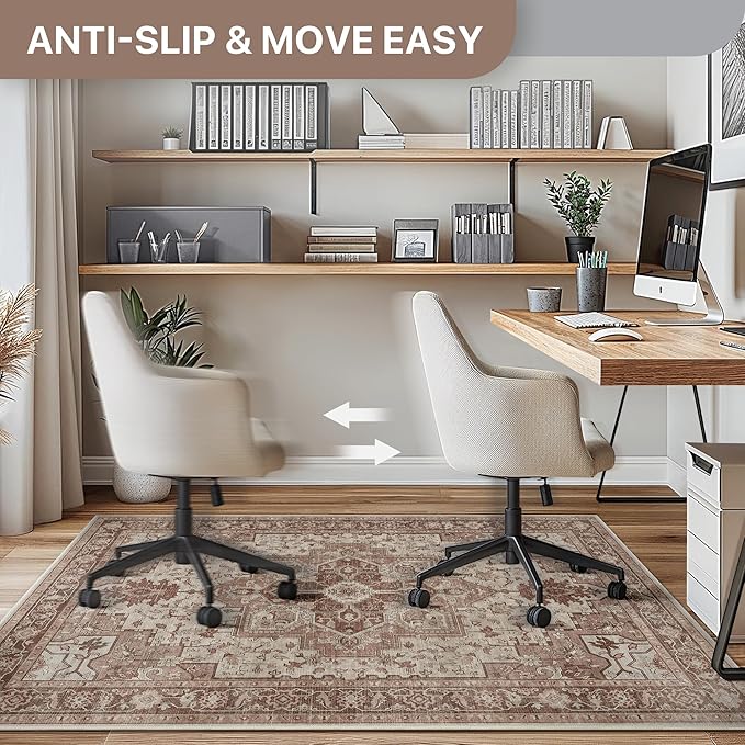 48"x60" Office Chair Mat for Hardwood Tile Floor, Under Desk Carpet Protector for Rolling Computer Chair Mat, Machine Washable Area Rug, Anti-Slip 1/5" Thick Low Pile Thin Vinyl Floor Mat, Brown Red