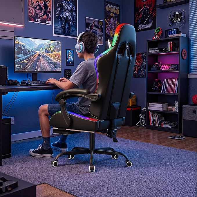 Homall Gaming Chair, Video Game Chair with Footrest and Massage Lumbar Support, Ergonomic Computer Chair Height Adjustable with Swivel Seat and Headrest (RGB Lvory)
