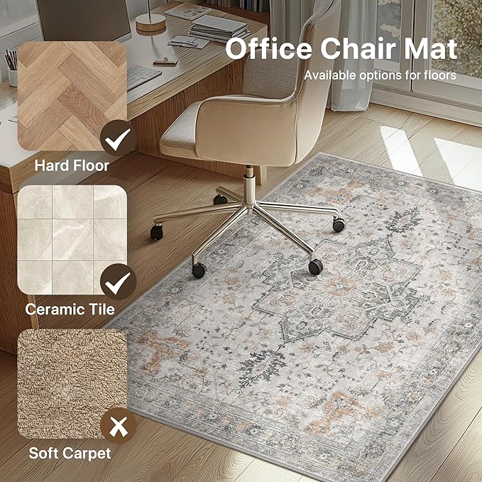 36"x60" Office Chair Mat for Hardwood Tile Floor, Under Desk Carpet Protector for Rolling Computer Chair Mat, Machine Washable Area Rug, Anti-Slip 1/5" Thick Low Pile Thin Vinyl Floor Mat, Taupe